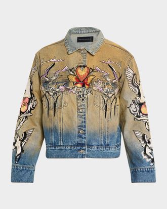 Who Decides War by Ev Bravado Mens Dove Embroidered Denim Trucker Jacket