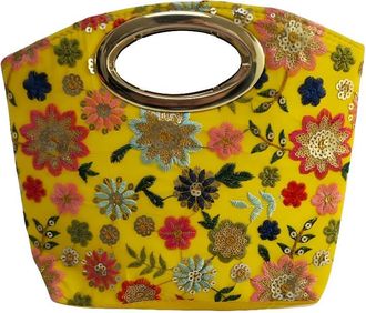 Generic Embroidered Floral Clutch Bag for Women | Ethnic Party Handbag with Golden Metal Handle | Traditional Wedding & Festive Potli Style Purse (Yellow)