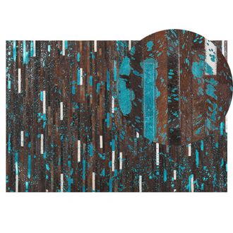 Beliani Alfombra De Piel De Vaca Marr&oacute;n Y Azul 140 X 200 Cm Patchwork Kisir