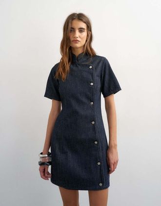 Topshop Vestito corto in denim indaco risciacquato con colletto alla coreana-Blu