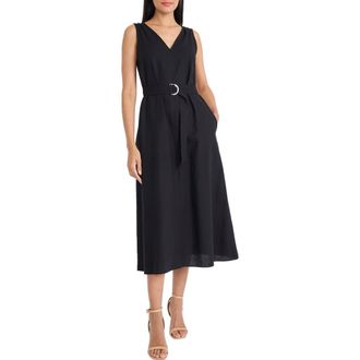 Maggy London Belted V-Neck Midi Dress in Black at Nordstrom, Size X-Small