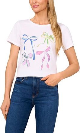 CeCe by Cynthia Steffe Short Sleeves Crew Neck T-Shirts W/ Graphic Bows Print Womens Clothing Ultra White : LG, Cotton