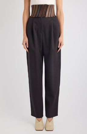 Alaia High Waist Wool Gabardine Straight Leg Pants with Leather Belt in Ebene at Nordstrom, Size 12 Us