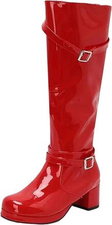 Generic Women Knee High Boots Square Toe Chunky Heel Platform Buckle Strap Elegant Long Boot