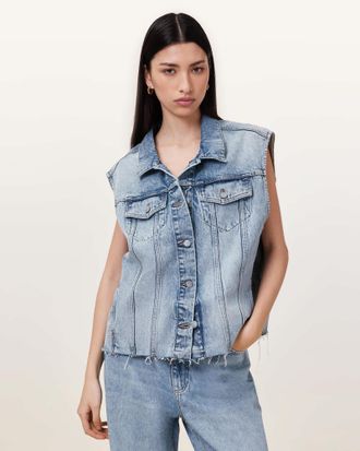 AllSaints Cotton Laura Embellished Denim Waistcoat, Size: XS/S