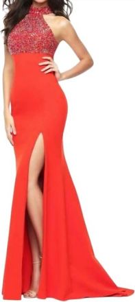 Sherri Hill Womens Beaded Halter Open Back Gown In Orange