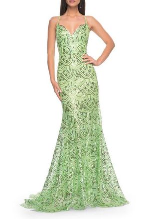 La Femme Print Sequin Mermaid Dress with Lace Up Back in Sage at Nordstrom, Size 10
