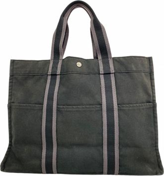 Herm&egrave;s Black Gray Canvas Tote Bag (Pre-Owned)