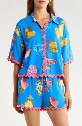 Sugarlips Maury Postcard Marnie Button-Up Shirt in Cobalt-Combo at Nordstrom, Size X-Large
