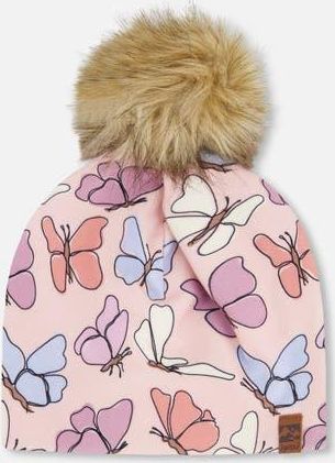 Deux par Deux Stretch Jersey Hat Printed Butterflies with Pompom in Pink Printed Butterflies at Nordstrom, Size 12-24 M