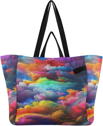 Generic Cloud Colorful Gradient print Reusable Canvas Tote Bag, Heavy Duty Grocery Shopping Bag with Double Handles Hard Bottom Large Capacity Work Groceries 