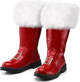 Generic Christmas Santa Claus Boots for Men UK, Solid-Colour Mid-Calf Boots with White Plush & Side-Zip Wide Calf Combat Christmas Boot Fancy Dress Costume Fo