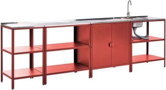 Beliani 4 Piece Outdoor Kitchen Set Red Stainless Steel 3 Kitchen Storage Island and Cabinet Sink Single Lever Outdoor Kitchen Cooking Station VILAMA