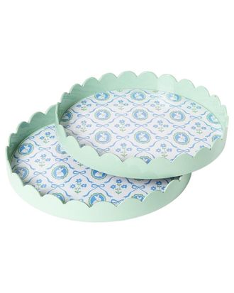 Two's Company Bunnies & Bows Set Of 2 Round Scalloped Edge Decorative Trays