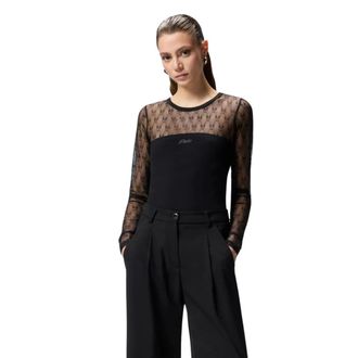 Pinko Pinko, Tops, Dames, Zwart, XS, Katoen, Geribbelde Katoenen Jersey Body met Lange Mouwen