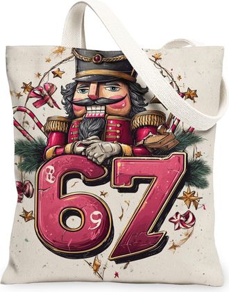 Generic Christmas Nutcracker Canvas Tote Bags, Vintage Holiday Design Reusable Grocery Bags, Lightweight Washable Shoulder Strap Ca, Beige, 13x15 Inch