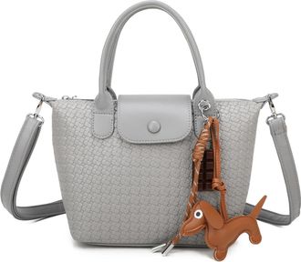 Generic Womens Woven Textured Grab Bag with Detachable Dog Charm, Adjustable Crossbody Strap, Silver Hardware, Black (Khaki)