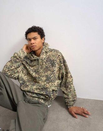 Topman Felpa con cappuccio oversize pesante verde con stampa mimetica