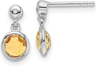 Diamond2Deal Sterling Silver Rhodium-plated Diamond and Citrine Dangle Earrings
