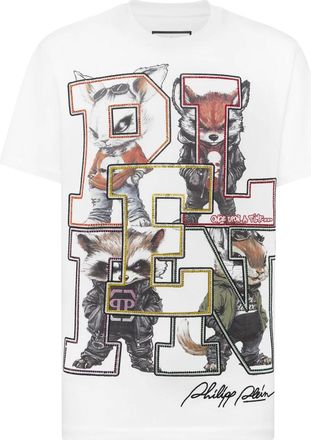 Philipp Plein Tops, Heren, Wit, XS, Katoen, Ronde Hals T-Shirt College Animals Outline
