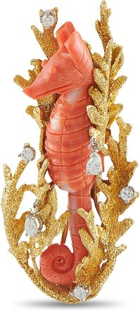 Luxury Bazaar 18K Yellow Gold 0.70ct Diamond and Coral Seahorse Brooch MF05-070926