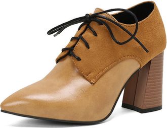 Generic Women Pointed Toe Oxfords Suede Panel Chunky Block Heel Lace Up Ankle Shoes Contrast Laces Non Slip Durable Comfortable Office Casual Dress Shoes,Yell