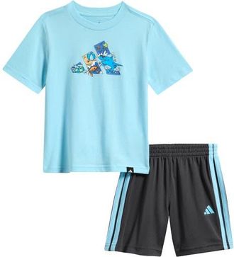adidas Kids Graphic Print T-Shirt & 3-Stripes Shorts Set in Frozen Blue at Nordstrom, Size 4T