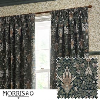 Morris & Co. Snakeshead Jacquard Chenille Room Darkening Pencil Pleat Curtains in Indigo | Size: 168 cm width x 229 cm drop