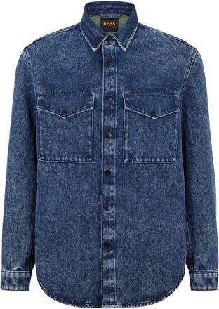 HUGO BOSS Mens Solid Patterned Denim Jacket with Chest Pocket in Navy - Size X-Large