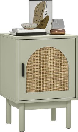 HOMCOM Boho Bedside Table with Rattan Door and Adjustable Shelf - Green | TJ Hughes