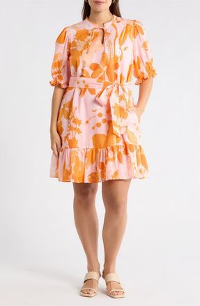 Sugarlips Lenira Floral Negin Split Neck Minidress in Pink-Orange at Nordstrom, Size 3 X