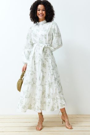 Trendyol Modest Dames Ecru Bloemen Maxi Lang Casual Skater Modest Jurken