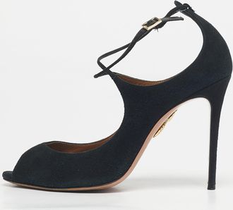 Aquazzura Black Suede Zani Peep Toe Ankle Pumps