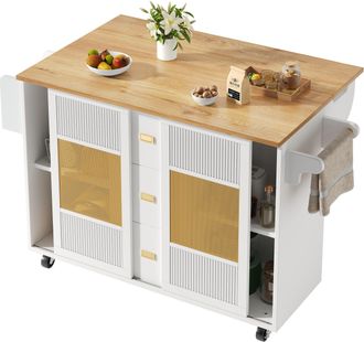 STILVORA Isla De Cocina Con 3 Cajones, 2 Puertas Correderas, Mesa Abatible Y Portatoallas, En Mdf Y Metal, 146,85x70x90 Cm, Blanco