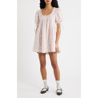 Damson Madder Meri Pleated Puff Sleeve Cotton Mini Sundress in Spot at Nordstrom, Size 14 Us