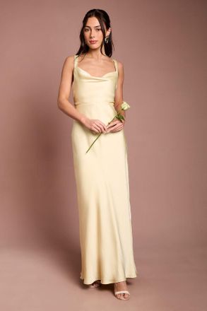 Oasis Womens Butter Yellow Cross Shoulder Tie Back Satin Maxi Bridesmaid Dress - Size 12 UK