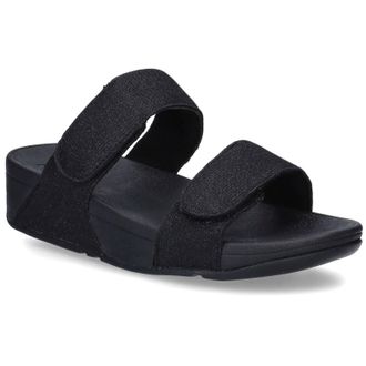 FitFlop Lulu Adjustable Shimmerlux Slides Polyester Womens Slip On Sandals - All Black - Size:UK 5.5