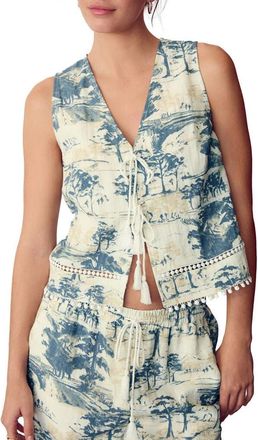 Next Tree Print Tie Front Sleeveless Top in Blue Palm Print at Nordstrom, Size 12 Us