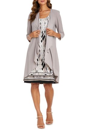 R & M Richards Multi Print 2 Piece Jacket & Dress Set In Taupe/black