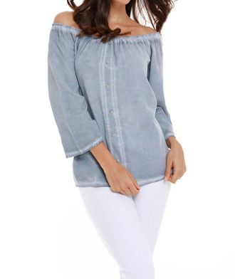 French Kyss Luciana Button Off The Shoulder Top In Denim