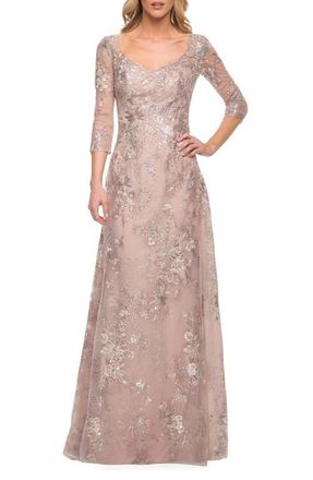 La Femme Floral Embroidered Mesh A-Line Gown in Mauve at Nordstrom, Size 10