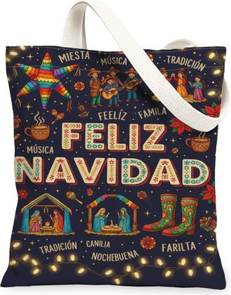 Generic Christmas Star Canvas Tote Bags, Vintage Holiday Design Reusable Grocery Bags, Festive Lightweight Washable Shoulder Strap, Navy, 13x15 Inch