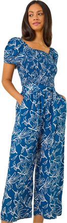 DUSK Womens Leaf Print Wide Leg Jumpsuit - Blue - Size 10 UK