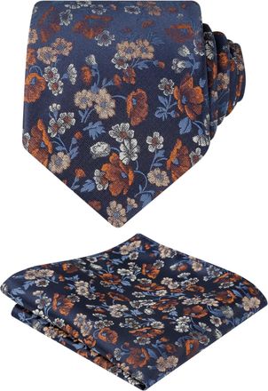 Alizeal Mens Floral Patterned Tie with Pocket Square Stylish Unique for Business Wedding Party Necktie Set, Navy+Orange