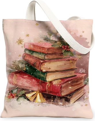 Generic Christmas Vintage Book Stack Canvas Tote Bags, Festive Literature Reusable Grocery Bags, Cozy Rustic Lightweight Washable S, Peach, 13x15 Inch