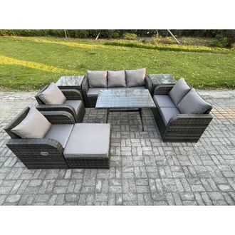Fimous 8 Seater High Back pe Rattan Sofa Set Outdoor Garden Furniture Dining Table Set With Reclining Chair 3 Seater Sofa Love Sofa Big Footstool Side Table