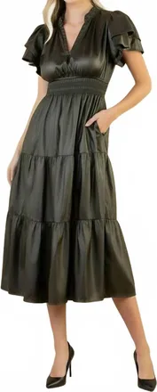 THML Clothing Flutter Sleeve Leather Midi Dress In Green
