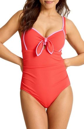 Tommy Bahama Island Cays Cabana Tie Front One-Piece Swimsuit in Citrus Coral at Nordstrom, Size 12