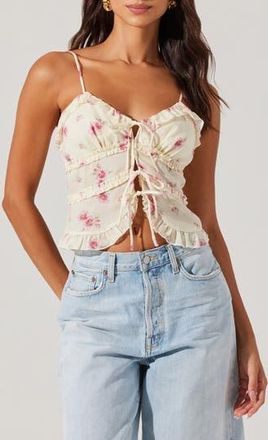 ASTR the Label Islah Floral Ruffle Tie Front Crop Camisole in Ivory Pink Floral at Nordstrom Rack, Size X-Small