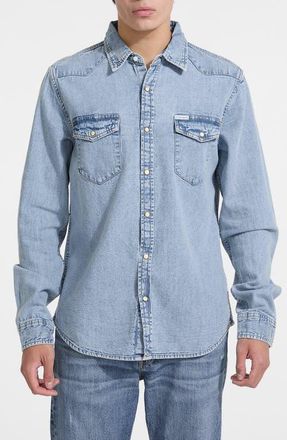Guess Slim Fit Denim Snap-Up Shirt in Gj Light Heritage Wash at Nordstrom, Size X-Large